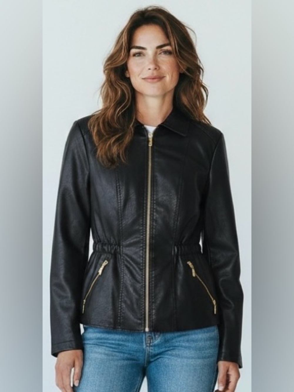 NWOT Baccini Black Faux Leather Jacket with Gold Zippers L